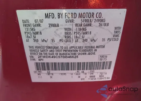 2007 Ford Edge Sel Plus из США, поврежденный, VIN 2FMDK49C57BB46625